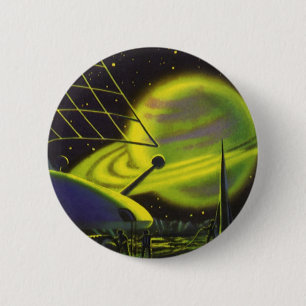 Vintage Science Fiction Neon Green Planet w Rings 6 Cm Round Badge