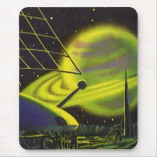 Vintage Science Fiction Neon Green Planet w Rings Mouse Pad