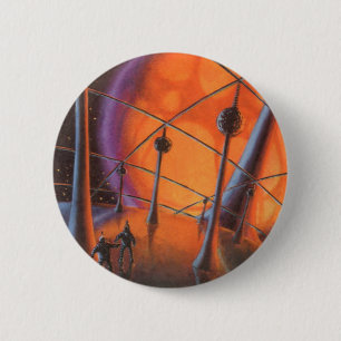 Vintage Science Fiction, Orange Sun and Aliens 6 Cm Round Badge