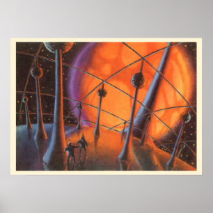 Vintage Science Fiction, Orange Sun and Aliens Poster
