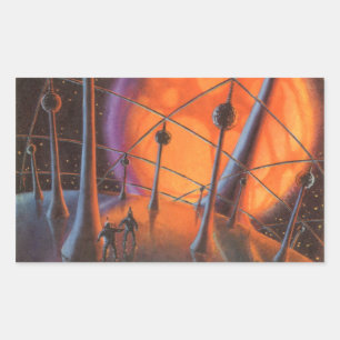 Vintage Science Fiction, Orange Sun and Aliens Rectangular Sticker
