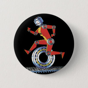 Vintage Science Fiction Robot Running with Wheel 6 Cm Round Badge