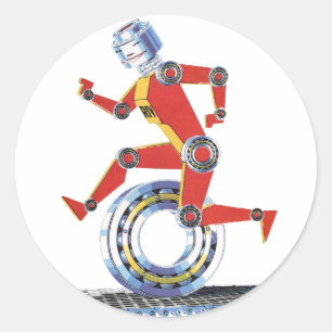 Vintage Science Fiction Robot Running with Wheel Classic Round Sticker