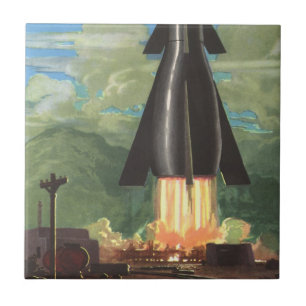 Vintage Science Fiction, Rocket Blasting Off Earth Ceramic Tile