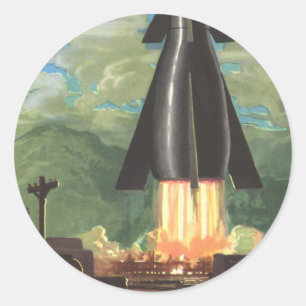 Vintage Science Fiction, Rocket Blasting Off Earth Classic Round Sticker