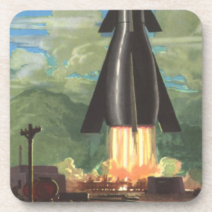Vintage Science Fiction, Rocket Blasting Off Earth Coaster
