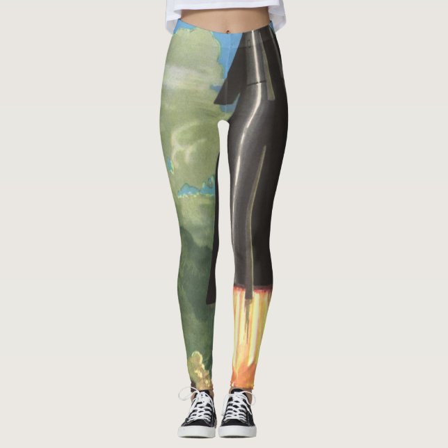 Vintage Science Fiction, Rocket Blasting Off Earth Leggings (Front)