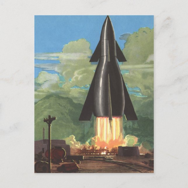 Vintage Science Fiction, Rocket Blasting Off Earth Postcard (Front)