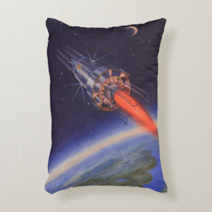 Vintage Science Fiction Rocket in Space over Earth Decorative Cushion