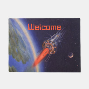 Vintage Science Fiction Rocket in Space over Earth Doormat