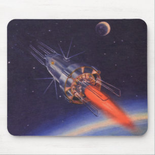 Vintage Science Fiction Rocket in Space over Earth Mouse Pad