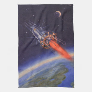 Vintage Science Fiction Rocket in Space over Earth Tea Towel