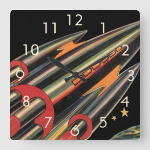 Vintage Science Fiction Rocket Ship by Space Stars Square Wall Clock