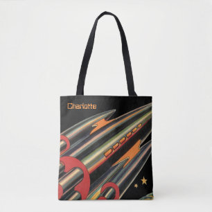 Vintage Science Fiction Rocket Ship by Space Stars Tote Bag