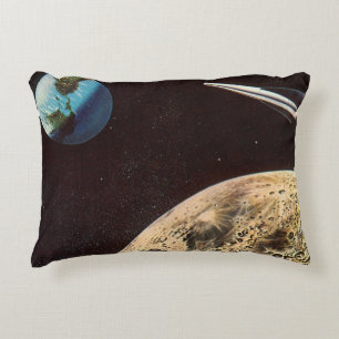 Vintage Science Fiction, Rocket Ship Over the Moon Decorative Cushion
