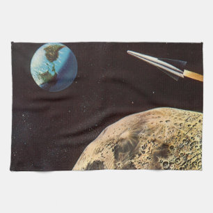 Vintage Science Fiction, Rocket Ship Over the Moon Tea Towel