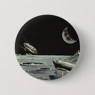 Vintage Science Fiction, Rocket Ships Moon Planets 6 Cm Round Badge