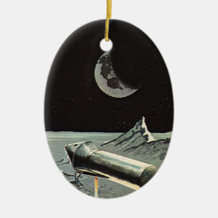 Vintage Science Fiction, Rocket Ships Moon Planets Ceramic Tree Decoration