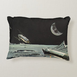 Vintage Science Fiction, Rocket Ships Moon Planets Decorative Cushion