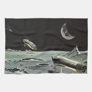 Vintage Science Fiction, Rocket Ships Moon Planets Tea Towel