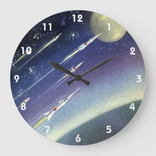 Vintage Science Fiction Rockets in Space by Planet Large Clock