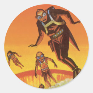 Vintage Science Fiction, Sci Fi Aliens in Volcano Classic Round Sticker