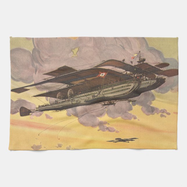 Vintage Science Fiction Seaplane Aeroplane Ship Tea Towel (Horizontal)