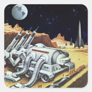 Vintage Science Fiction, Space Station on the Moon Square Sticker