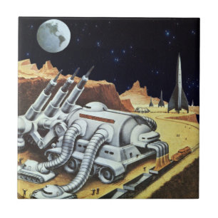 Vintage Science Fiction, Space Station on the Moon Tile