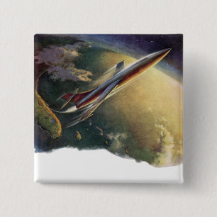 Vintage Science Fiction Spaceship Aeroplane Earth 15 Cm Square Badge