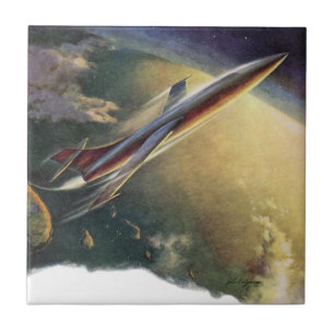 Vintage Science Fiction Spaceship Aeroplane Earth Ceramic Tile