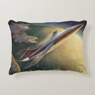 Vintage Science Fiction Spaceship Aeroplane Earth Decorative Cushion