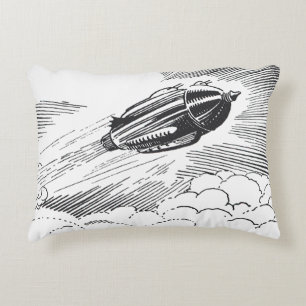 Vintage Science Fiction Spaceship Rocket in Clouds Decorative Cushion