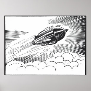 Vintage Science Fiction Spaceship Rocket in Clouds Poster