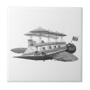 Vintage Science Fiction Steampunk Airship Eclipse Ceramic Tile