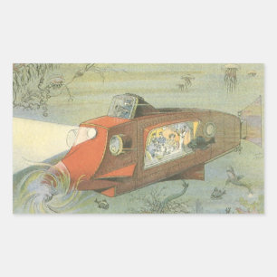Vintage Science Fiction Steampunk Submarine in Sea Rectangular Sticker