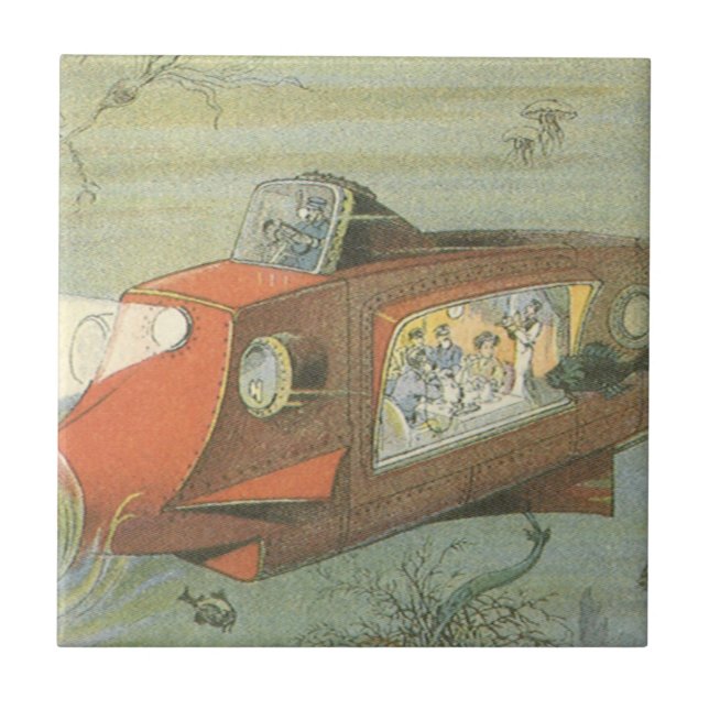 Vintage Science Fiction Steampunk Submarine in Sea Tile (Front)