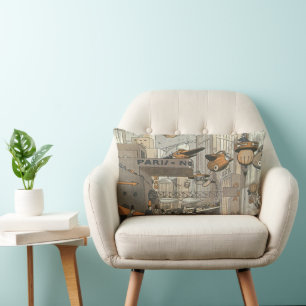 Vintage Science Fiction Urban Paris, Steam Punk Lumbar Cushion
