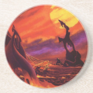 Vintage Science Fiction Volcano Planet w Red Lava Coaster