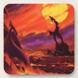 Vintage Science Fiction Volcano Planet w Red Lava Coaster