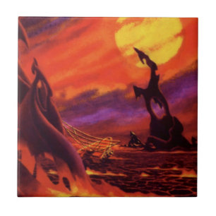 Vintage Science Fiction Volcano Planet w Red Lava Tile