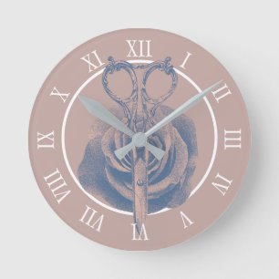 Vintage Scissor & Flower Dusty Rose Salon Round Clock