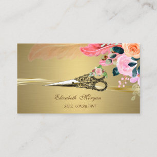 Vintage Scissors Flowers Feather Faux Gold Business Card