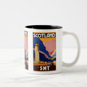 "Vintage Scotland Bus Company Travel Poster" Two-Tone Coffee Mug