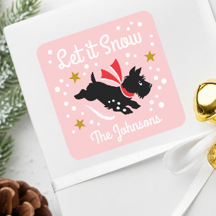 Vintage Scottie Dog Let It Snow Custom Name Pink Square Sticker