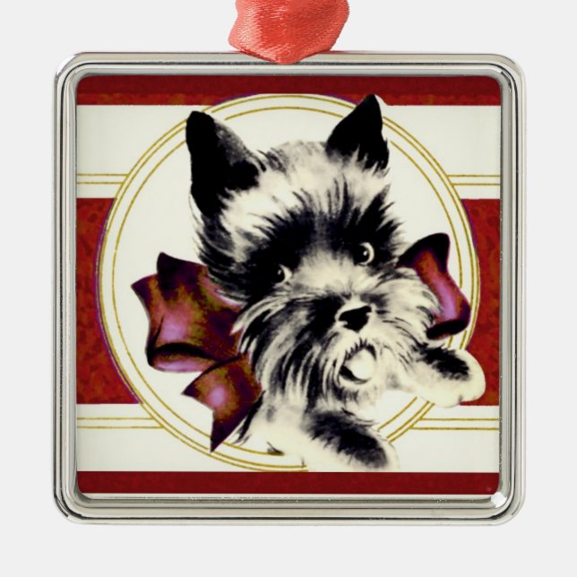 Vintage Scottie Scottish Terrier on red ornament (Front)