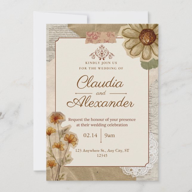 Vintage Scrapbook Botanical Wedding Invitation (Front)