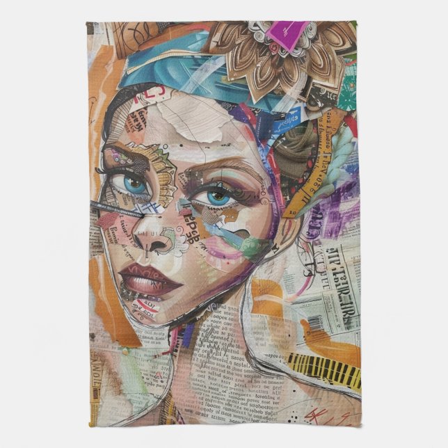 Vintage Scrapbook Collage Face (6) Tea Towel (Vertical)
