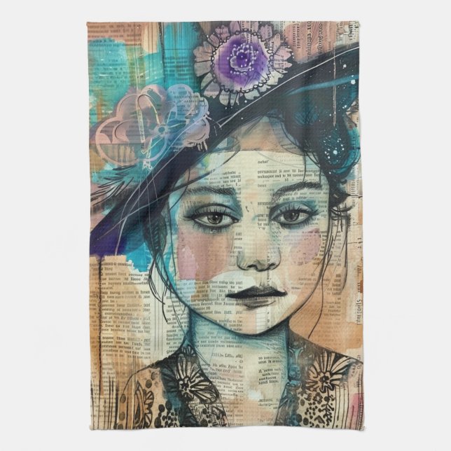 Vintage Scrapbook Collage Face (7) Tea Towel (Vertical)