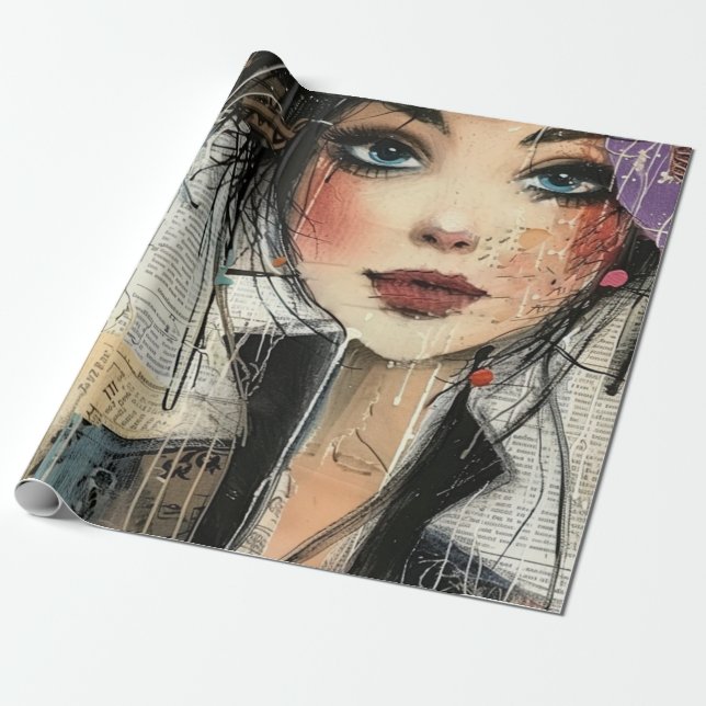 Vintage Scrapbook Collage Face (8) Wrapping Paper (Unrolled)